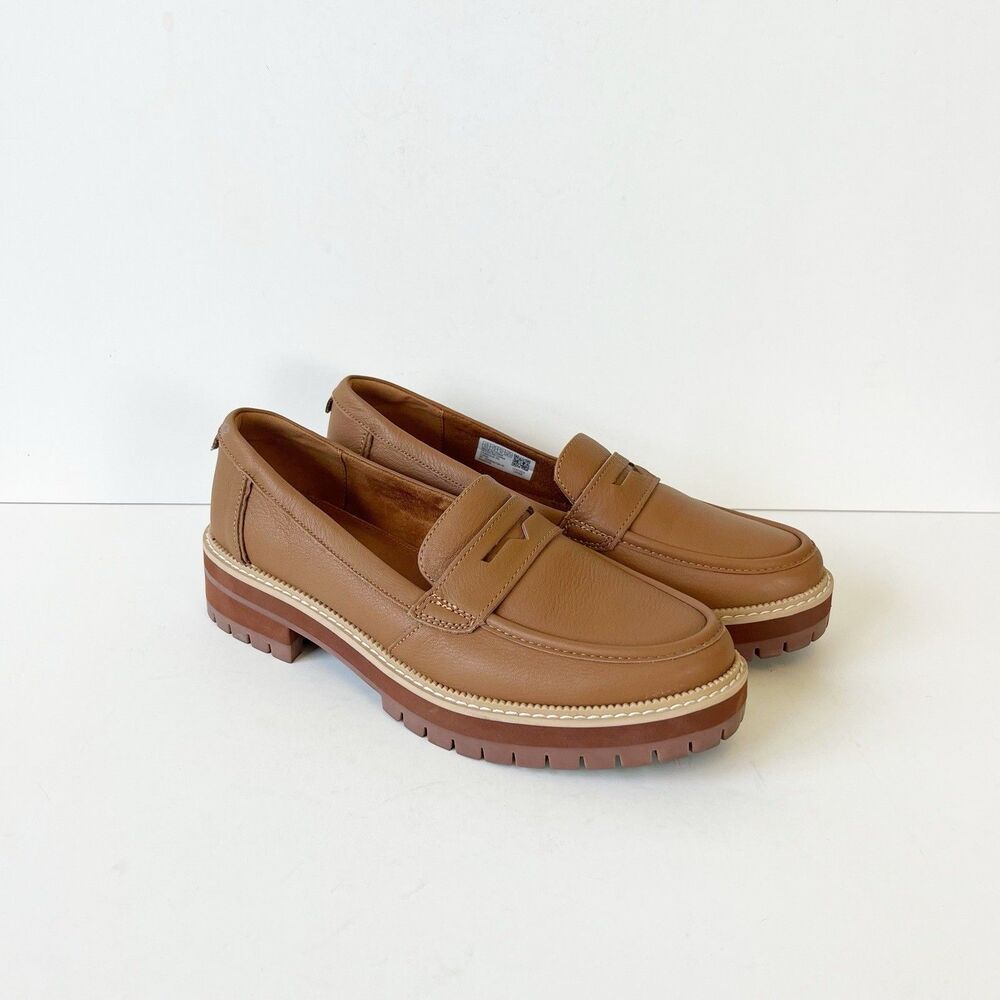TOMS Cara Slip On Lug Platform Penny Loafers Flats Leather Camel Brown Size 9.5 - Picture 1 of 14
